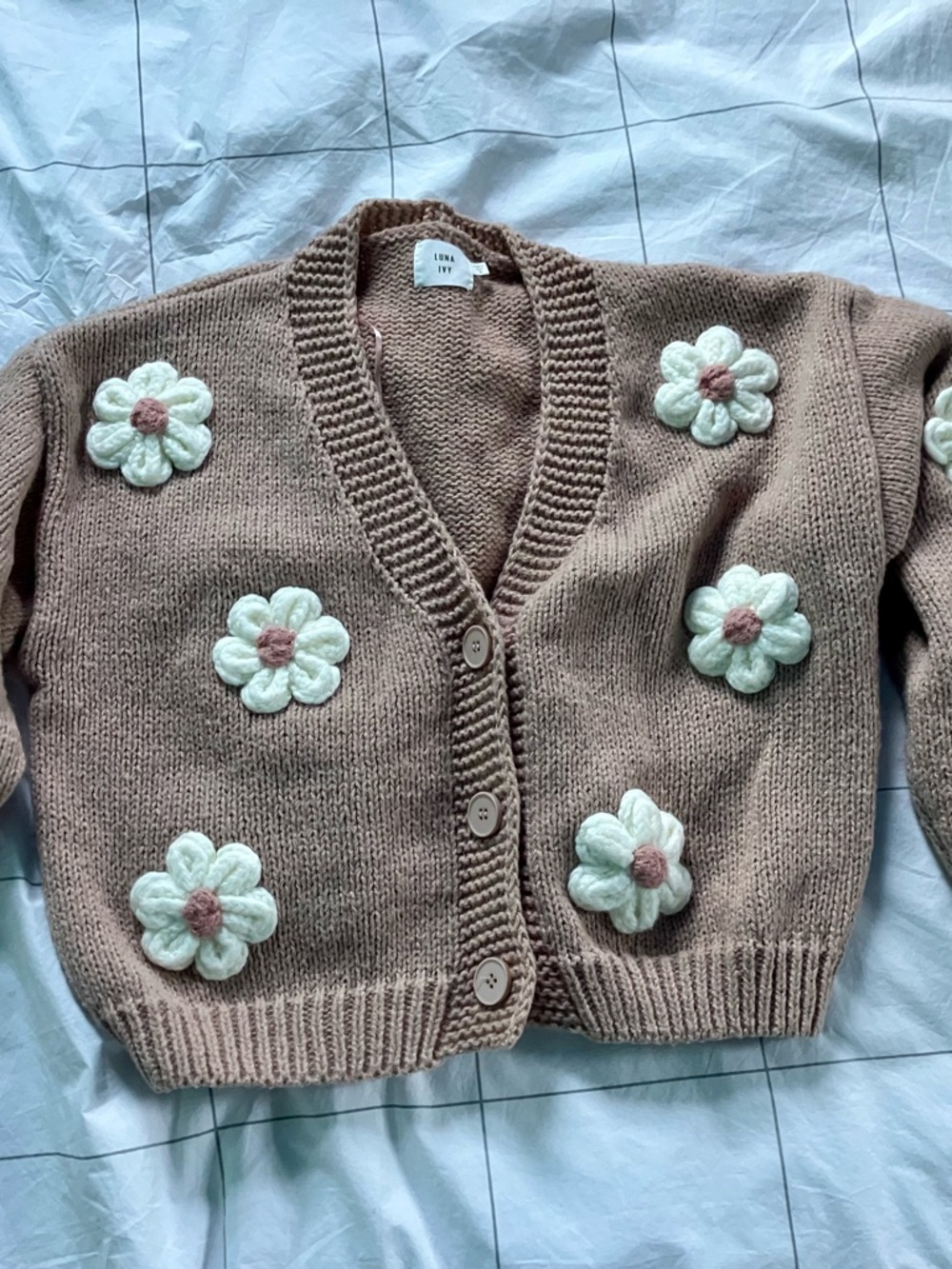 Chunky Taupe Floral Appliqué Cardigan Sweater